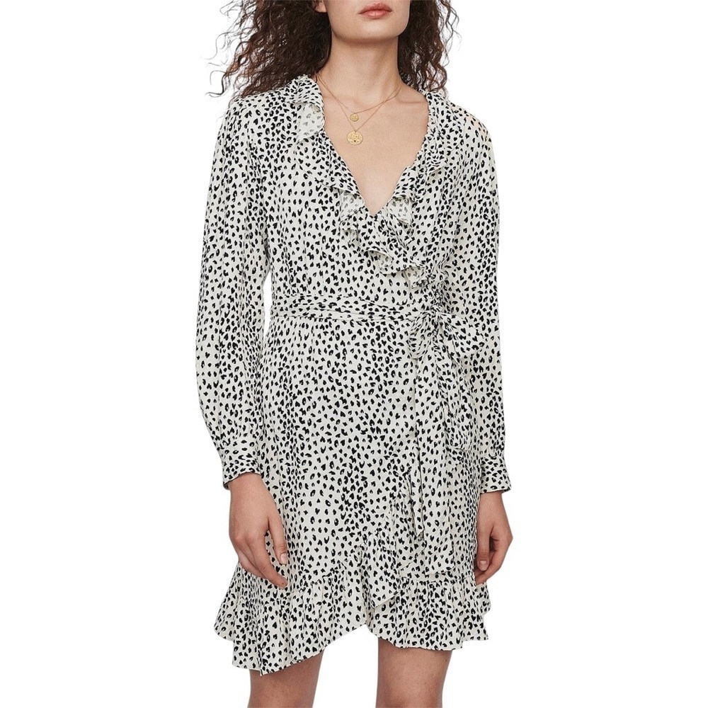 Maje Rosana Ruffled Animal-Print Wrap Dress Cream & Black Sz S NWT
